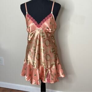 Victoria's Secret Angels Y2K Floral Satin Lace Slip Dress Pink Peach Size L Rare